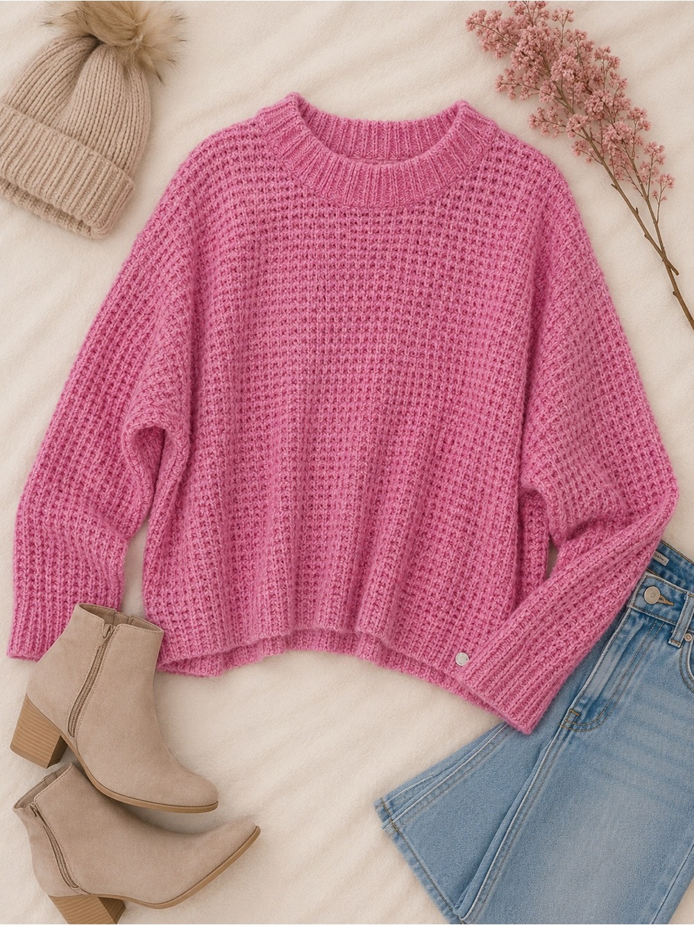 Justice Girls Pink Waffle Knit Sweater Cozy Oversized Barbiecore Size XL